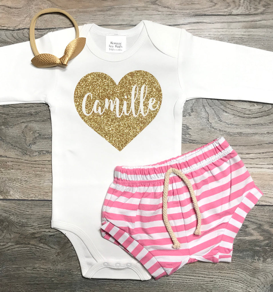 Custom Birthday / Newborn Or EveryDay Outfit Baby Girl - Name In Heart Bodysuit + Pink Striped Shorts + Bow - Photo Shoot / Smash Cake Set