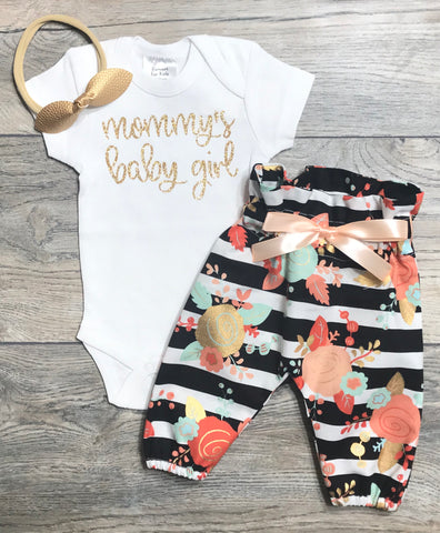 Image of Newborn Coming Home Outfit Mommy's Baby Girl - Bodysuit + High Waisted Black Striped Pants + Bow - Hospital Newborn Outfit Preemie