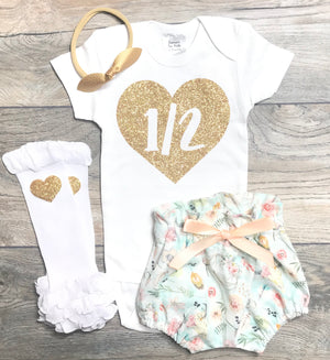 1/2 In Heart Half Birthday Outfit Girls - Bodysuit + High Waisted Boho Bloomers / Shorts + Heart Legwarmers + Bow -Photo Shoot Set Baby Girl