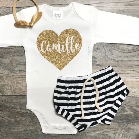 Image of Custom Birthday / Newborn Or EveryDay Outfit Baby Girl - Name In Heart Bodysuit + Black Striped Shorts + Bow - Photo Shoot / Smash Cake Set