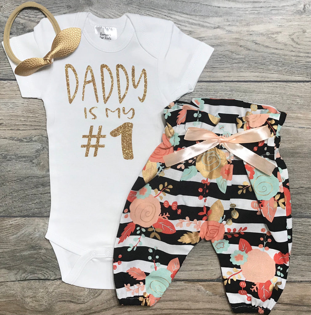 Daddy Is My #1 Bodysuit - Outfit Girl + Black Sriped High Waisted Pants + Bow - Best Dad Outfit addy Is My Number One Outfit- Dad / Father