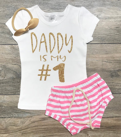 Image of Daddy Is My #1 Outfit - Outfit Girl - Number One Dad - Puff Sleeve Shirt + Pink / Black / Mint Striped Shorts + Bow - Set Girl Dad / Father