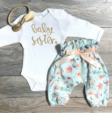 Image of Newborn Coming Home Outfit Baby Girl - Baby Sister Bodysuit + High Waisted Boho Floral Pants + Bow - Baby Girl Newborn Hospital Outfit