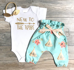 New To The Tribe Newborn Outfit Baby Girl - Gold Glitter Bodysuit + High Waisted Teepee Pants + Bow - Coming / Take Home / Photo Shoot Set