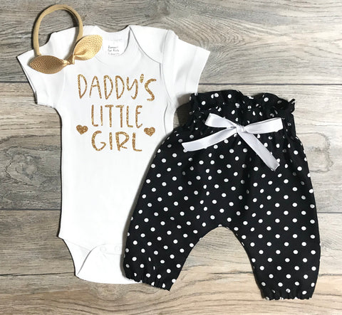 Daddy's Little Girl Outfit Baby Girl - Bodysuit + High Waisted Polka Dots Pants + Bow - Best Dad Set - Daddy Girl Outfit - Photo Shoot Set