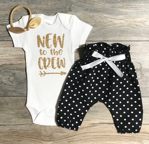 Image of New To The Crew Newborn Take Home Outfit - Bodysuit + Black White Polka Dot Pants + Bow / Headband Baby Girl - Coming Home / Photo Shoot Set