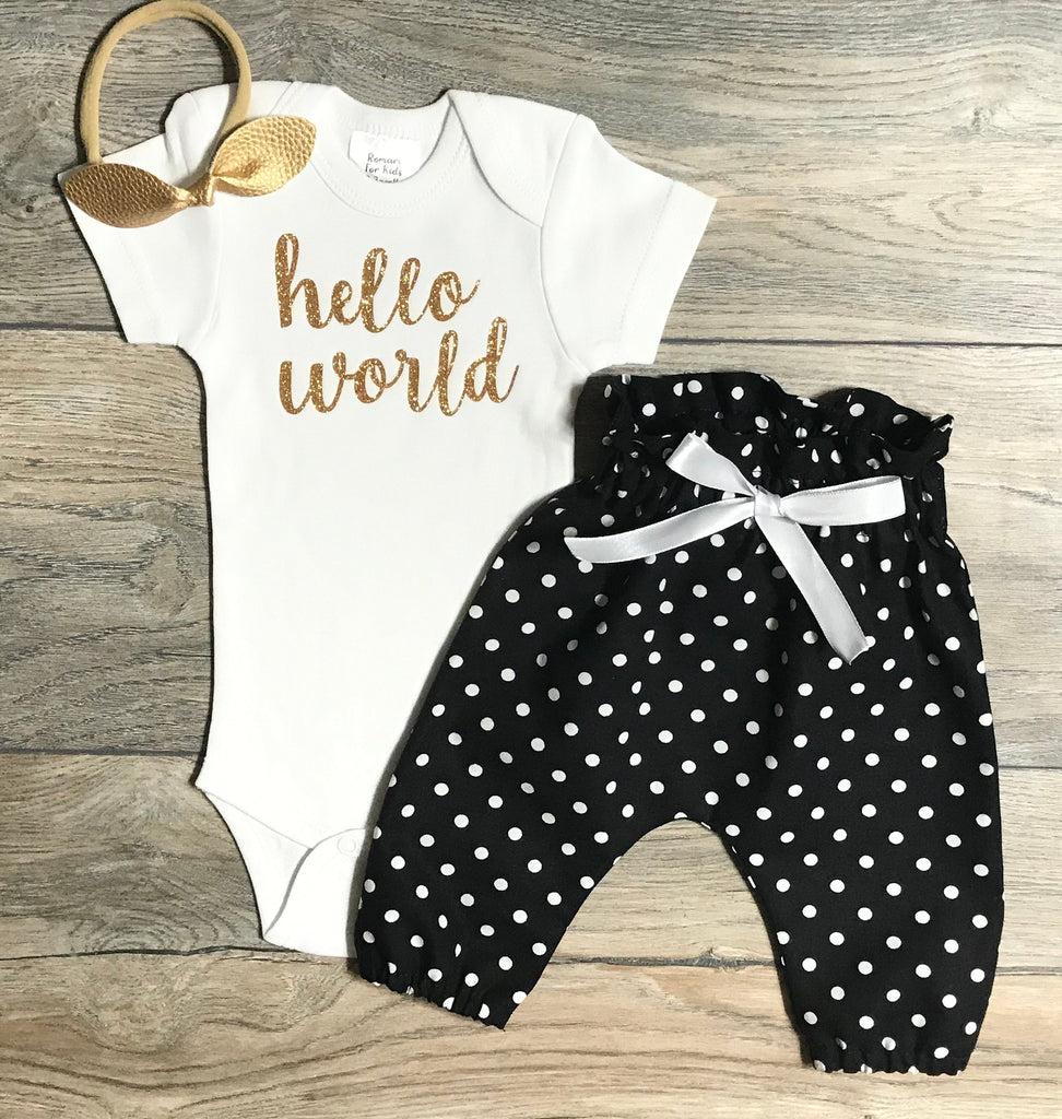 Hello World Newborn Take Home Outfit - Gold Glitter Bodysuit + Black White Polka Dots Pants + Bow / Headband - Hospital Outfit