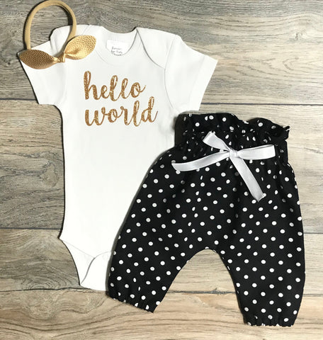 Image of Hello World Newborn Take Home Outfit - Gold Glitter Bodysuit + Black White Polka Dots Pants + Bow / Headband - Hospital Outfit