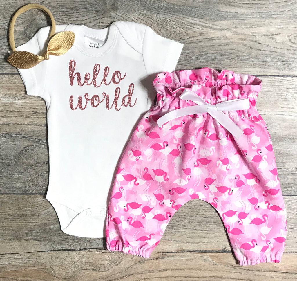 Hello World Newborn Coming Home Outfit - Rose Gold Glitter Bodysuit + Pink Flamingo High Waisted Pants + Bow / Headband - Girl Take Home