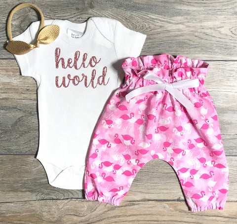 Image of Hello World Newborn Coming Home Outfit - Rose Gold Glitter Bodysuit + Pink Flamingo High Waisted Pants + Bow / Headband - Girl Take Home