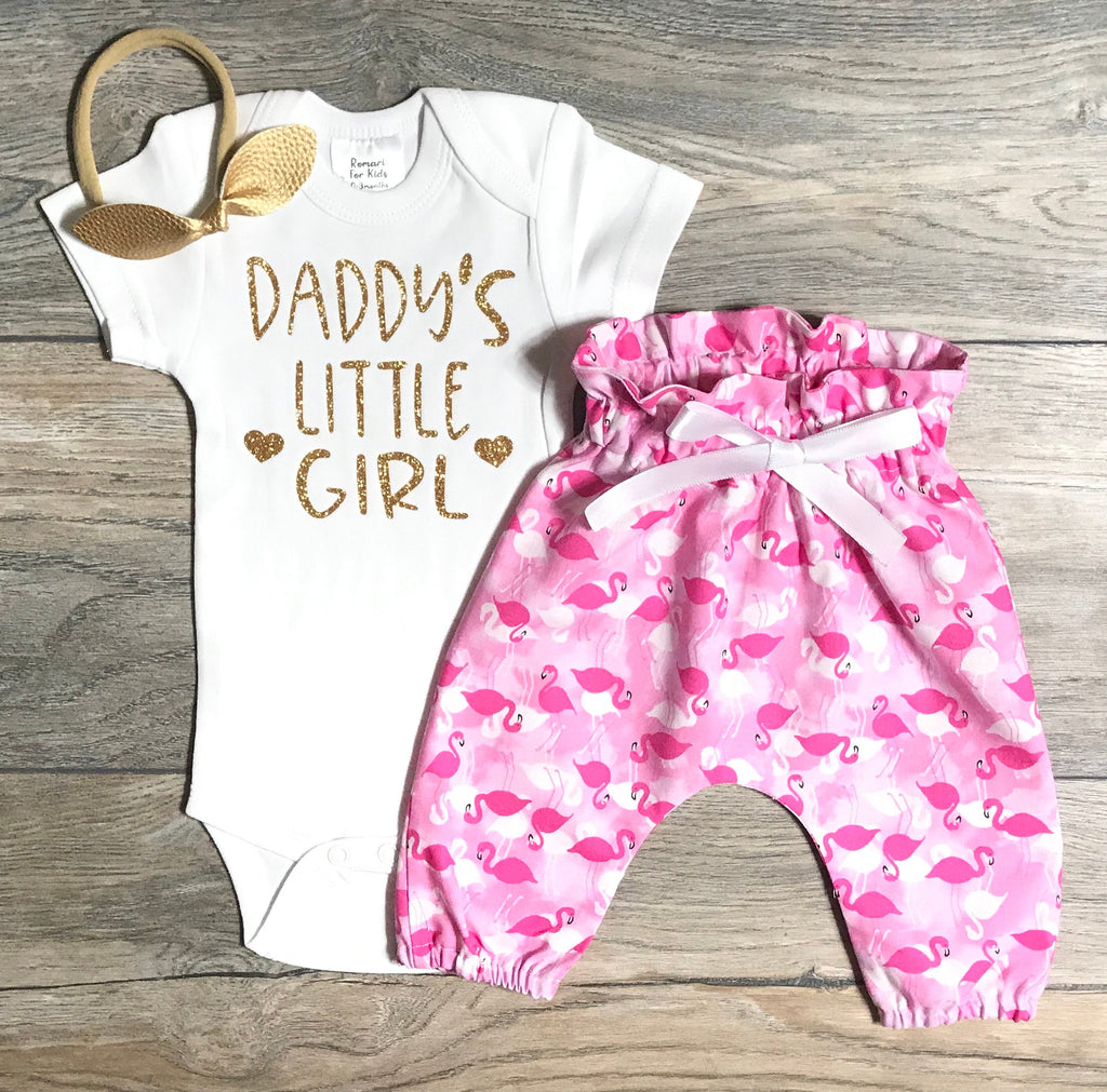 Daddy's Little Girl Outfit Baby Girl - Bodysuit + High Waisted Pink Flamingo Pants + Bow - Best Dad - Daddy Girl Outfit - Father/Proud Dad