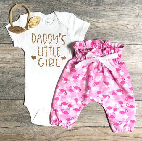 Image of Daddy's Little Girl Outfit Baby Girl - Bodysuit + High Waisted Pink Flamingo Pants + Bow - Best Dad - Daddy Girl Outfit - Father/Proud Dad