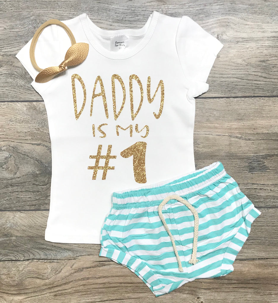Daddy Is My #1 Outfit - Outfit Girl - Number One Dad - Puff Sleeve Shirt + Pink / Black / Mint Striped Shorts + Bow - Set Girl Dad / Father