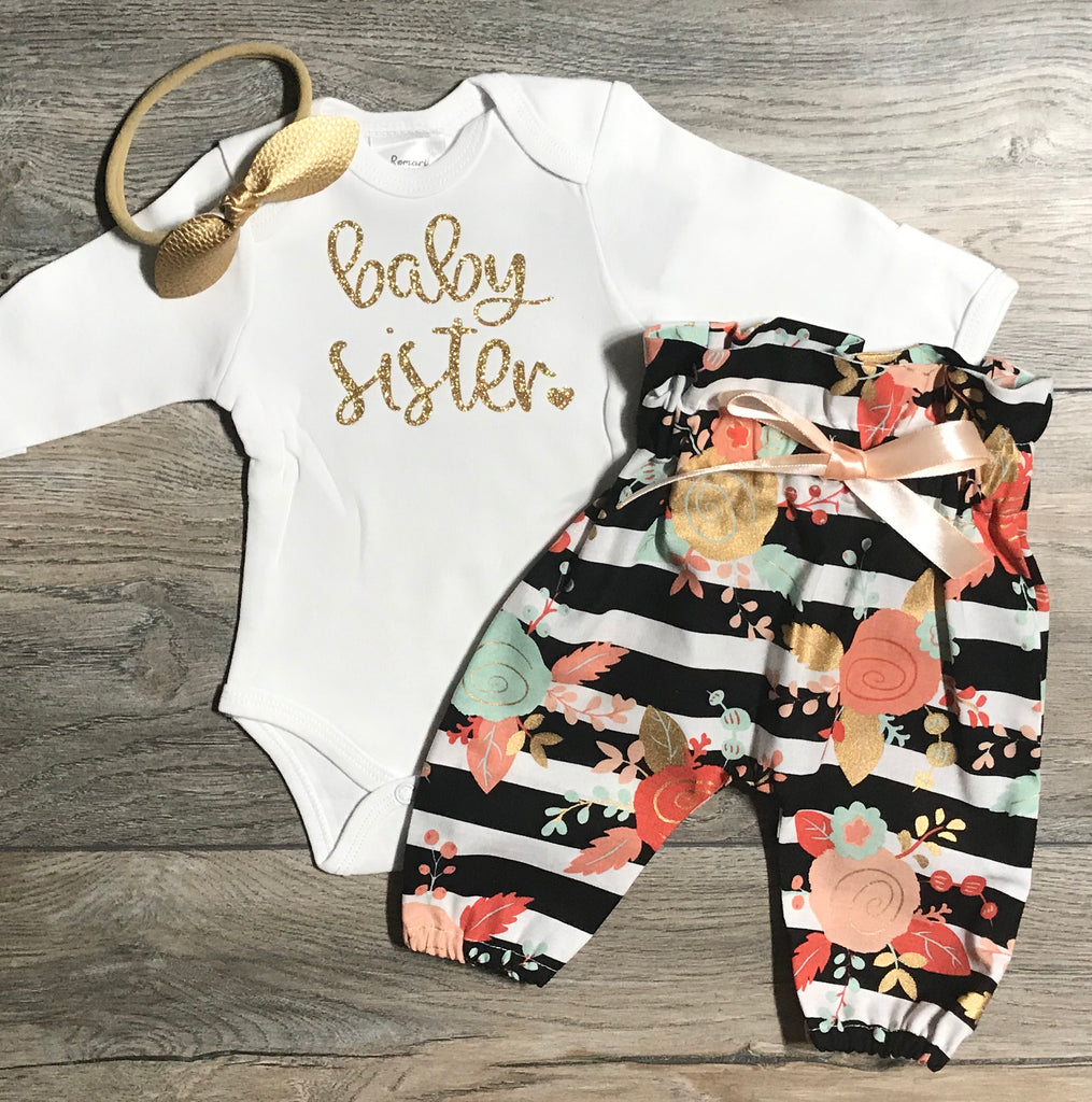 Newborn Coming Home Outfit Baby Girl - Baby Sister Bodysuit + High Waisted Black Striped Floral Pants + Bow - Baby Girl Hospital Outfit /Set