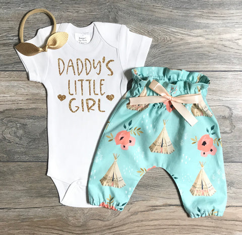 Image of Daddy's Little Girl Outfit Baby Girl - Bodysuit + High Waisted Floral Teepee Pants + Bow - Best Dad Set - Daddy Girl Outfit -Cutest BabyGirl