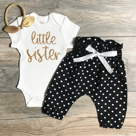 Image of Little Sister Outfit - Newborn Coming Home Outfit Baby Girl - Gold Glitter Little Sister Bodysuit + Black White Polka Dots + Bow - Babygirl