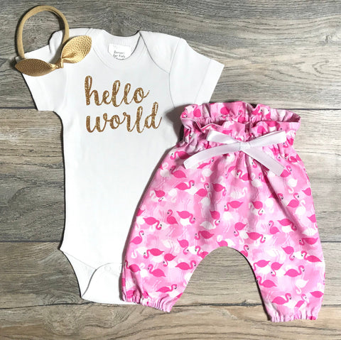 Image of Hello World Newborn Take Home Outfit - Gold Glitter Bodysuit + Pink Flamingo Pants + Bow / Headband - Newborn Baby Girl Outfit - Shower Gift