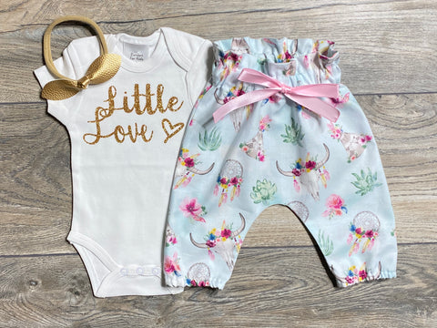 Image of Newborn / Coming Home Outfit Baby Girl - Little Love Newborn Take Home Outfit - Gold Glitter Bodysuit + High Waisted Boho Bull Skull Pants