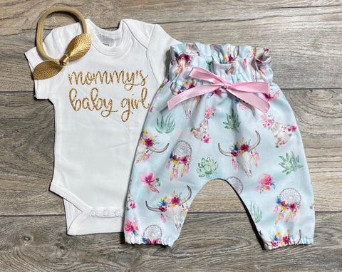 Image of Mommy's Baby Girl Newborn Coming Home Outfit - Bodysuit + High Waist Boho Pants + Bow - Hospital Newborn Preemie Take Home Set - Premature