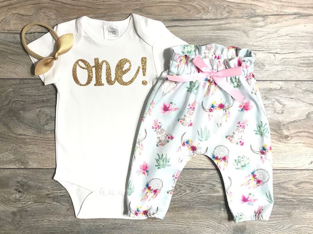 One - 1st Birthday Outfit + Boho Bull Skull Pants + Boho Bull Skull Pants- First Birthday Gold Glitter Bodysuit 1 Year Old