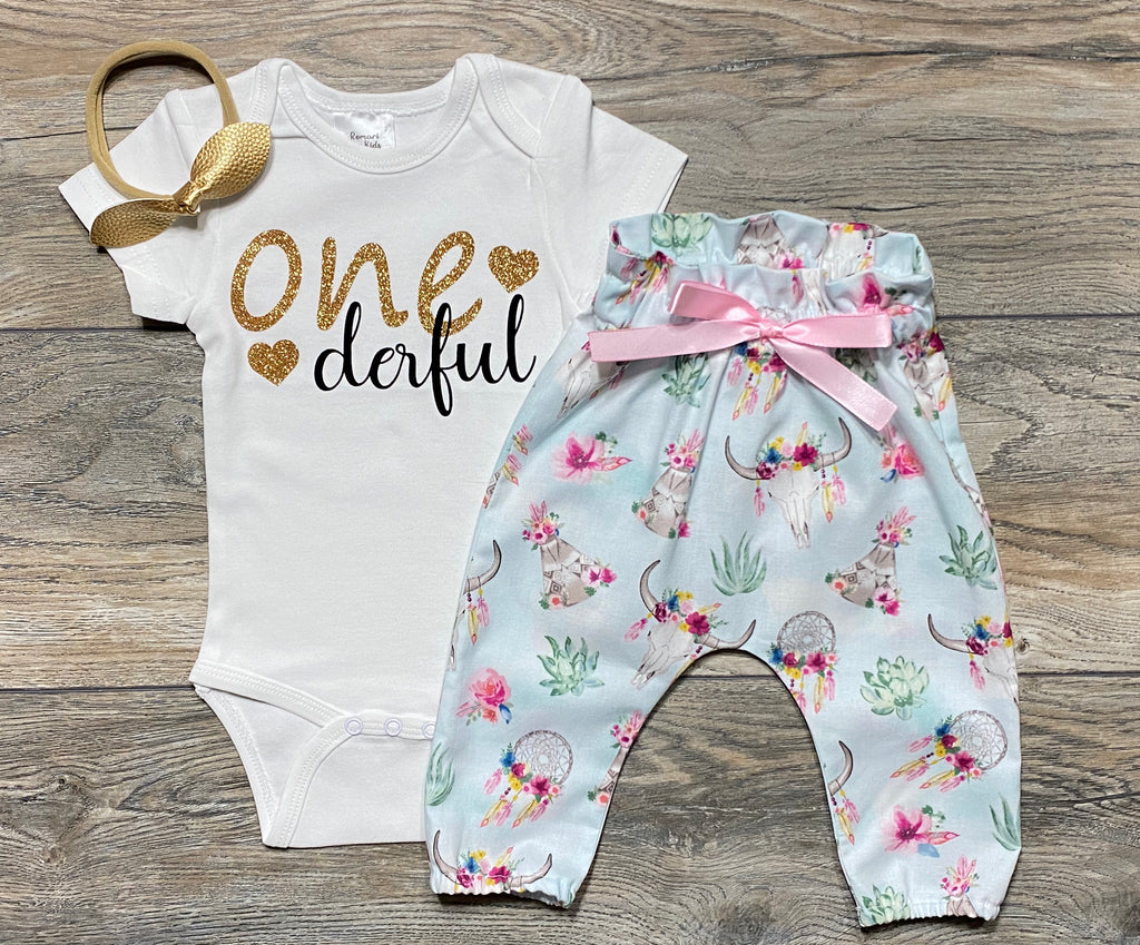 One Derful First Birthday Outfit - Bodysuit + Boho Bull Skull Pants + Gold Bow / Headband - 1st Birthday Outfit Baby Girl
