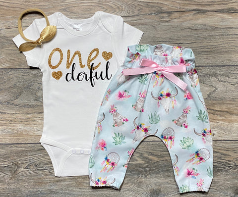 Image of One Derful First Birthday Outfit - Bodysuit + Boho Bull Skull Pants + Gold Bow / Headband - 1st Birthday Outfit Baby Girl