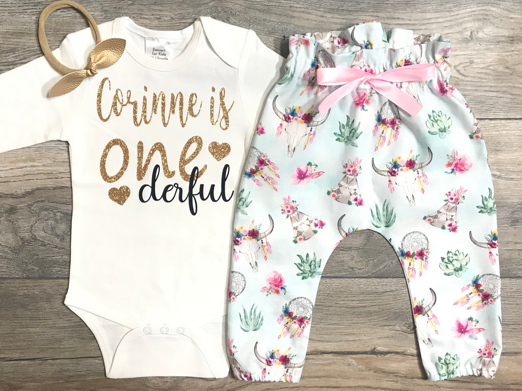 First Birthday Outfit Girl - One Derful Custom Outfit - Photo Shoot - Cake Smash Set Baby Girls - 1st Birthday Bodysuit + Boho Pants + Bow