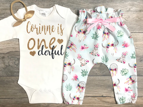 Image of First Birthday Outfit Girl - One Derful Custom Outfit - Photo Shoot - Cake Smash Set Baby Girls - 1st Birthday Bodysuit + Boho Pants + Bow