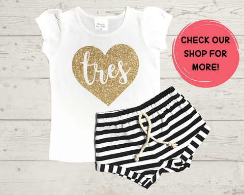 Image of 3rd Birthday Spanish Shirt Outfit Tres In Heart - Gold Glitter Top + Black Striped Shorts - Birthday Outfit 3 Year Old Girl - 3 rd Birthday T-Shirt