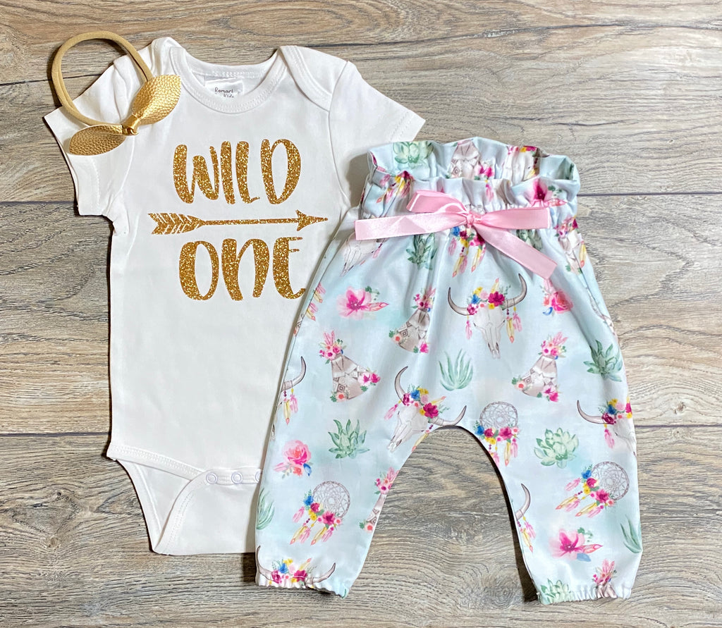 Wild One 1st Birthday Outfit Girls - Gold Glitter Bodysuit + Boho Bull Skull Pants + Bow / Headband - First Birthday Outfit 1 Year Old