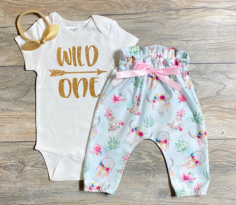 Image of Wild One 1st Birthday Outfit Girls - Gold Glitter Bodysuit + Boho Bull Skull Pants + Bow / Headband - First Birthday Outfit 1 Year Old