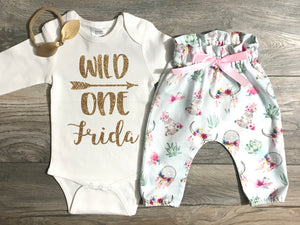 Wild One First Birthday Outfit - Custom Bodysuit + High Waisted Boho Pants + Bow - 1st Birthday Photo Shoot / Cake Smash Outfit Baby Girl