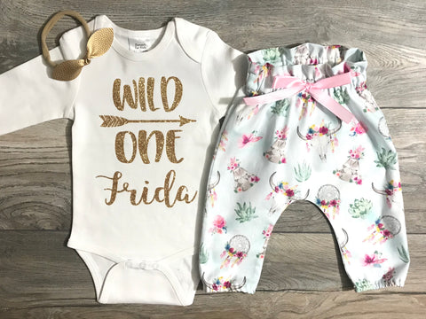 Image of Wild One First Birthday Outfit - Custom Bodysuit + High Waisted Boho Pants + Bow - 1st Birthday Photo Shoot / Cake Smash Outfit Baby Girl