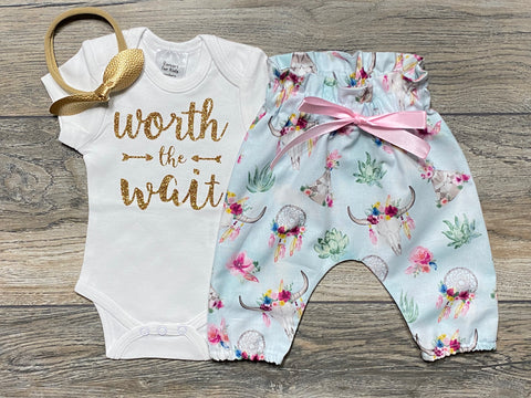 Image of Worth The Wait Newborn / Take Home Outfit - Gold Glitter Bodysuit + Boho Bull Skull Pants + Bow / Headband